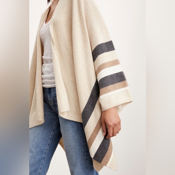 harper & liv Accessories - HAPER & LIV open weave stripe open front poncho wrap shawl scarf blue tan beige